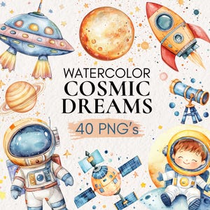 Clipart del espacio en acuarela, Clipart de planetas en acuarela, Decoración de guardería espacial, Espacio y planetas PNG, Planetas en acuarela, Espacio para niños
