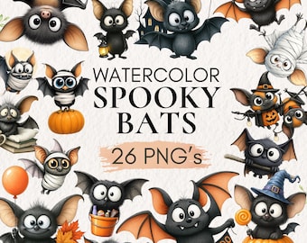 Watercolor Bats Clipart: Spooky Halloween PNG Images (Digital Download)
