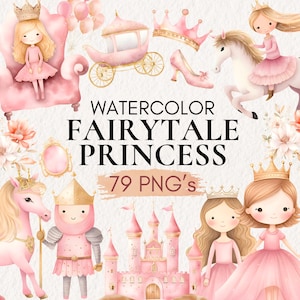 Clipart de princesa acuarela, clipart real, clipart de unicornio, clipart de princesita, clipart de cuento de hadas, PNG de castillo de princesa, princesa rosa