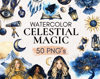 Watercolor Celestial Clipart | Witchy Moon, Stars, Sky (Digital Download)
