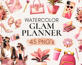 以下が含まれることがあります： 水彩画のGlam Plannerグラフィックセット。ピンクとゴールドのハンドバッグ、ハイヒール、バックパックなどのアクセサリーが特徴です。「Watercolor Glam Planner」と「45 PNG's」の文字も表示されています。