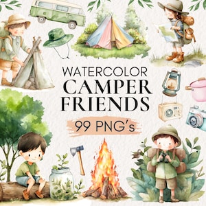 Imágenes prediseñadas de camping en acuarela: tienda de campaña, fogata, mochila, ilustraciones de camping, aventura al aire libre, malvavisco, pinos, lindo camping PNG
