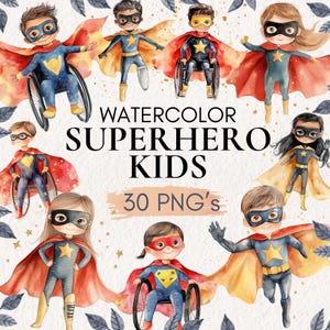 Clipart de super-heróis em aquarela, crianças inclusivas, próteses, cadeira de rodas, habilidades únicas, arte de berçário, arte de empoderamento, decoração de berçário inclusiva