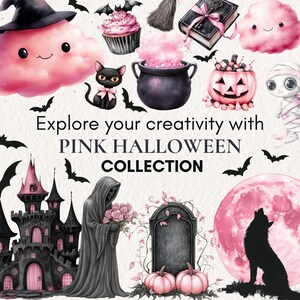 May include: A colourful illustration with pink Halloween imagery. It features a witch's hat, a black cat with a pink bow, a cauldron, a pumpkin, a castle, and a full moon. The text reads "Explore your creativity with PINK HALLOWEEN COLLECTION."