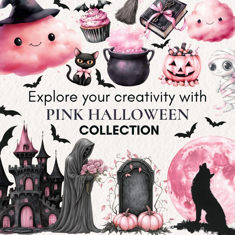 May include: A colourful illustration with pink Halloween imagery. It features a witch's hat, a black cat with a pink bow, a cauldron, a pumpkin, a castle, and a full moon. The text reads "Explore your creativity with PINK HALLOWEEN COLLECTION."