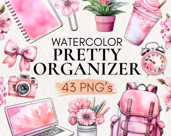 Puede incluir: Un conjunto de 43 ilustraciones de acuarela en rosa y verde que representan una variedad de artículos, incluyendo un cuaderno, una cámara, una computadora portátil, una mochila, un arreglo floral, una taza de café, una planta, un lazo, un clip y un reloj despertador. El texto "WATERCOLOR PRETTY ORGANIZER 43 PNG's" está incluido en la imagen.