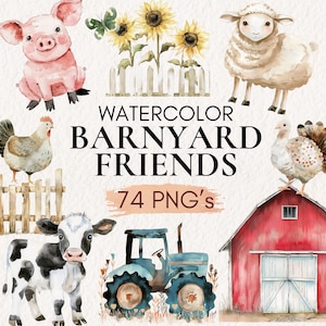 Clipart de amigos de celeiro em aquarela, PNG de animais de fazenda, Gráficos de animais de fazenda para bebês, Decoração de aniversário de fazenda, Pequena fazenda, Fazenda em aquarela, Fazenda PNG