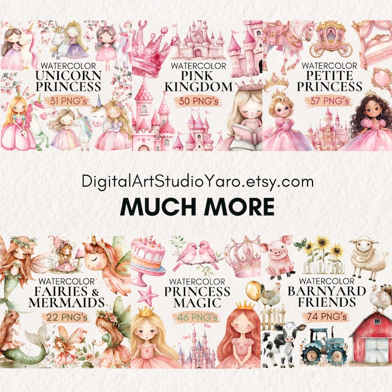 May include: A collection of watercolor illustrations featuring princesses, unicorns, fairies, mermaids, and barnyard animals. The illustrations are in a whimsical style with pink, purple, and green colors. The text on the images reads "Watercolor Unicorn Princess", "Watercolor Pink Kingdom", "Watercolor Petite Princess", "Watercolor Fairies & Mermaids", "Watercolor Princess Magic", and "Watercolor Barnyard Friends".