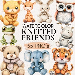 Clipart de animais de malha aquarela, ilustrações fofas de animais de pelúcia, pacote de animais de tricô PNG, animais de pelúcia fofos, animais de aquarela PNG