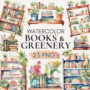 Watercolor Books, Bookshelves Clipart, Cottagecore, Book Clip Art, Boho Vintage Reader Lover, Reading Flowers, Watercolor Cozy, Book PNG