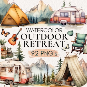 Clipart de acampamento em aquarela, barraca, fogueira, lanterna, mochila, ilustrações de acampamento, aventura ao ar livre, clipart de viagem, clipart de fogueira