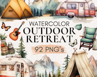 Watercolor Camping Clipart, Tent, Campfire, Lantern, Backpack, Campsite Illustrations, Outdoor Adventure, Travel Clipart, Campfire Clipart