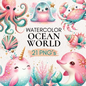 Pacote de clipart de oceano em aquarela, aquarela submarina, animais subaquáticos rosa, animais fofos do oceano PNG, chá de bebê, polvo, água-viva PNG