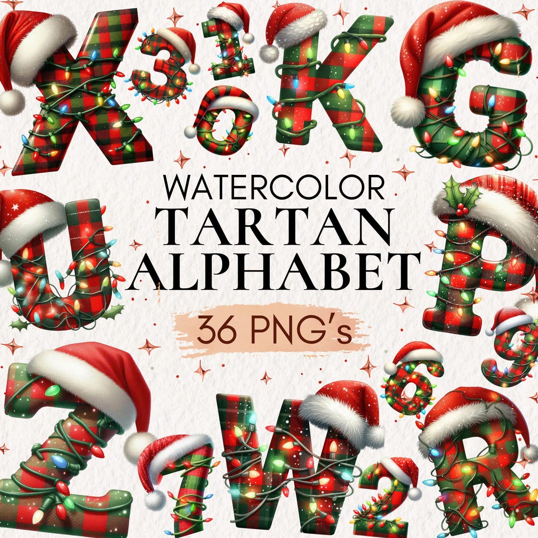 Tarten Lettering Watercolor Tartan Alphabet Clipart Bundle | Christmas Plaid Letters ...
