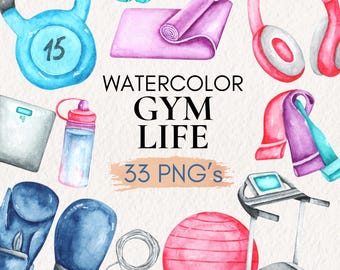 Aquarell Fitness-Studio Clipart, Fitnessgeräte PNG (33 Dateien)
