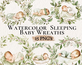 Imágenes prediseñadas de coronas de bebé durmiendo en acuarela, imágenes prediseñadas de baby shower neutrales, bebés recién nacidos, creación de tarjetas, PNG para bebés, decoración de guardería en acuarela