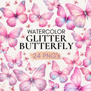 Akvarell fjärils clipart | Glitter PNG-set | Nyckfulla rosa lila vingar | Estetisk barnrumsgrafikpaket
