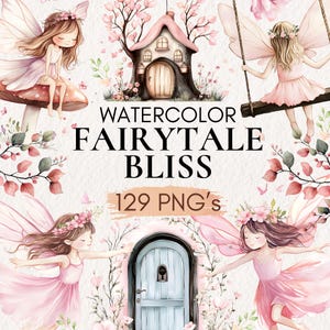 Clipart jardin féerique aquarelle, fée aquarelle, fée rose PNG, jardin féerique, clipart champignon, clipart maison champignon, maison de fée
