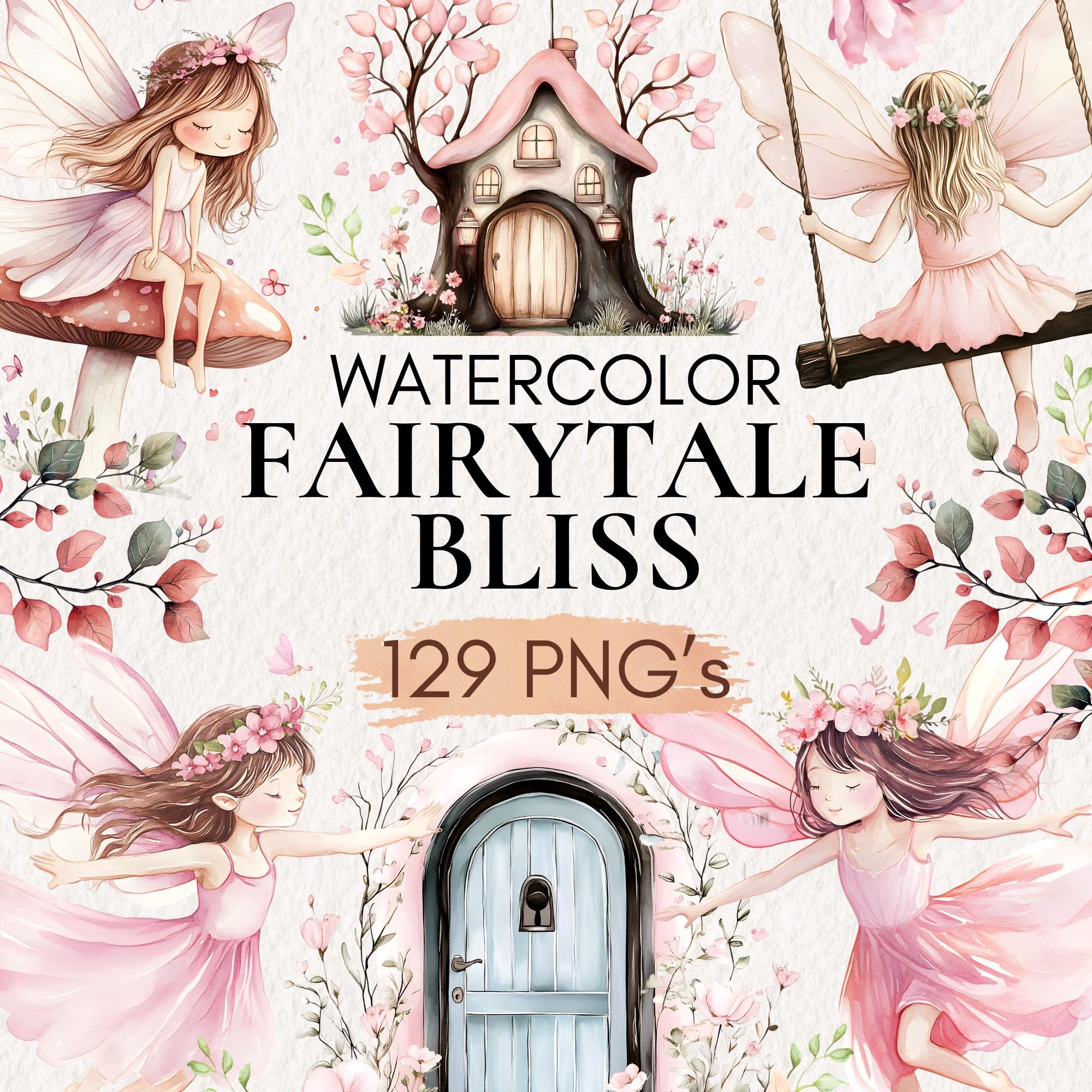 Watercolor Fairy Garden Clipart, Pink Fairies, Mushroom Houses (129 PNG ...