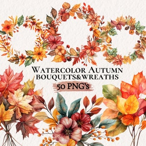 Clipart bouquets automne, éléments automne, graphiques floraux automne, automne PNG, bouquets automne, couronnes d'automne, herbier aquarelle, feuilles PNG