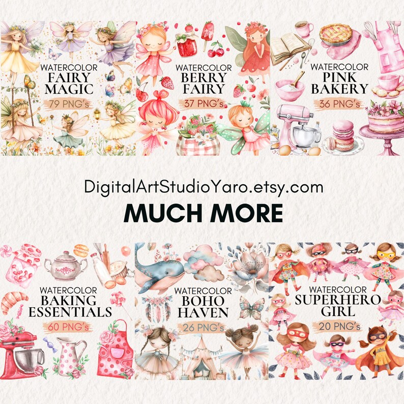 Pu&ograve; includere: Una collezione di illustrazioni ad acquerello con fate, bacche, accessori da forno e supereroi. Le illustrazioni sono in uno stile fantasioso e sono perfette per l'uso nello scrapbooking digitale, nella creazione di biglietti e in altri progetti creativi. Il testo sulle immagini recita "Acquerello Fata Magica 79 PNG", "Acquerello Fata di Bacche 37 PNG", "Acquerello Pasticceria Rosa 36 PNG", "Acquerello Essenziali per la Cottura 60 PNG", "Acquerello Boho Haven 26 PNG" e "Acquerello Supereroina Ragazza 20 PNG".