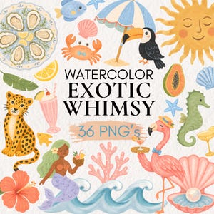 Watercolor Tropical Clipart, Exotic Whimsy PNGs (Digital Download)
