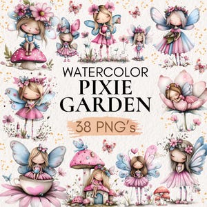 Puede incluir: Una colección de arte digital titulada "Watercolor Pixie Garden" con ilustraciones de hadas con coronas de flores, alas y vestidos en rosa y azul. La imagen incluye mariposas, setas y elementos florales. El texto indica 38 archivos PNG.