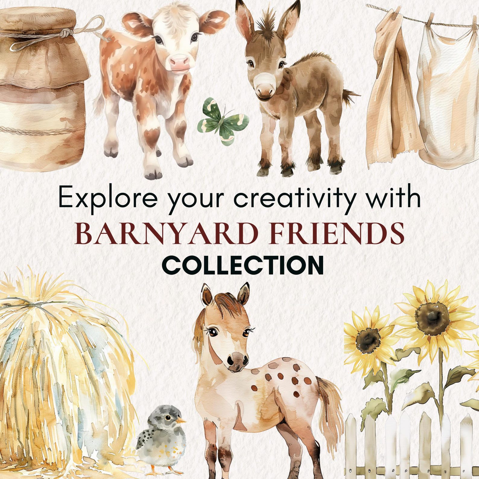 Watercolor Barnyard Friends Clipart, Farm Animal PNG, Baby Farm Animal ...
