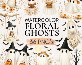 Watercolor Floral Ghost Clipart, Cute Halloween PNG (36 Files)