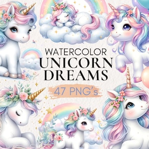 Clipart de unicórnios em aquarela, unicórnio PNG Clipart de arco-íris de conto de fadas Decoração de festa de unicórnio Pacote de clipart digital Unicórnio arco-íris Aniversário de unicórnio