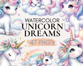 Watercolor Unicorns Clipart, Unicorn PNG Fairytale Rainbow Clipart Unicorn Party Decor Digital Clipart Pack Rainbow Unicorn Unicorn Birthday