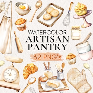Puede incluir: Ilustración en acuarela de artículos de repostería y cocina. Incluye un delantal, una balanza, un rodillo, un batidor, una magdalena, una magdalena, un cruasán y otros utensilios de cocina. El texto "WATERCOLOR ARTISAN PANTRY" se muestra con "32 PNG's" debajo.
