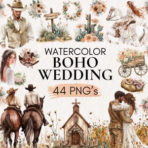 Puede incluir: Ilustración en acuarela con el texto "Watercolor Boho Wedding 44 PNG's". La imagen presenta elementos temáticos de boda, incluyendo una pareja, una iglesia, un caballo y arreglos florales. La paleta de colores incluye tonos tierra y pasteles suaves.