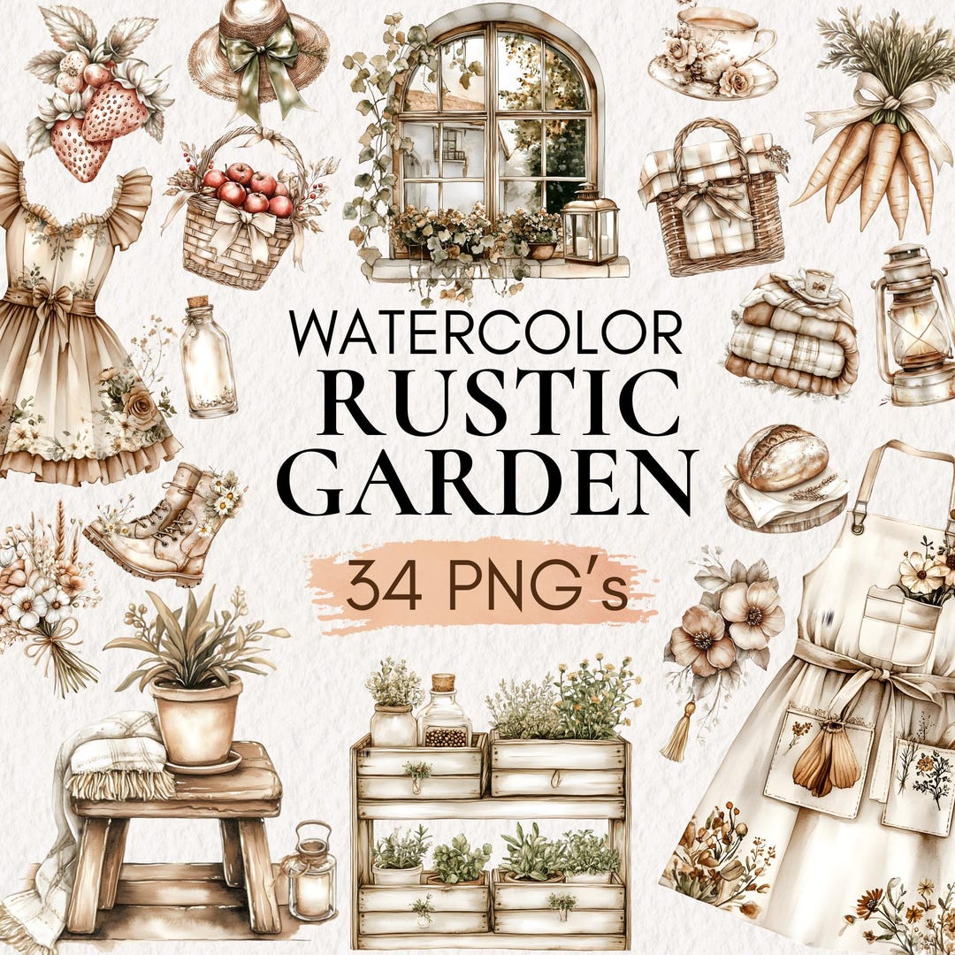 Watercolor Rustic Homestead Clipart | Farmhouse Garden Decor PNG ...