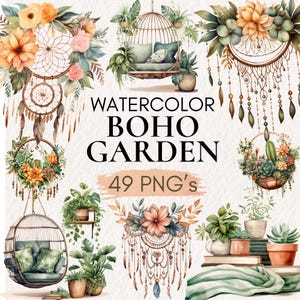 Clipart de jardim boho aquarela, clipart floral boho, download digital botânico, convites de casamento, PNG floral, elementos de jardim boho