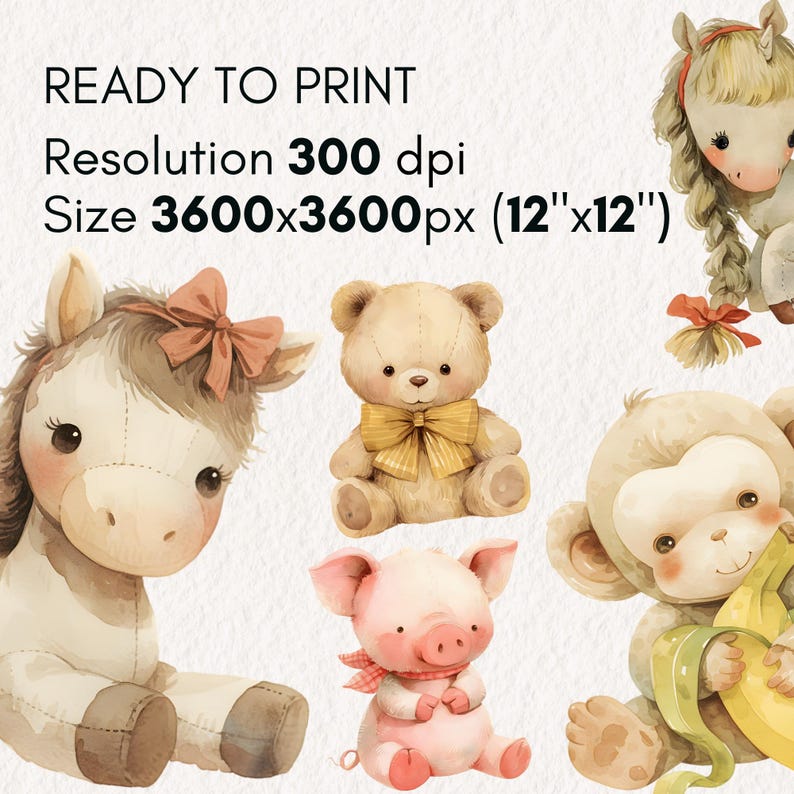 Watercolor Plush Animals Clipart, Vintage Stuffed Toys (20 PNG) - Etsy