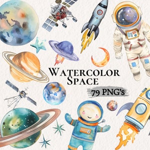 Bundle de cliparts espace aquarelle, décoration de chambre d'enfant astronaute, clipart Alien, vaisseau spatial astronaute, fusées et planètes PNG, téléchargement numérique