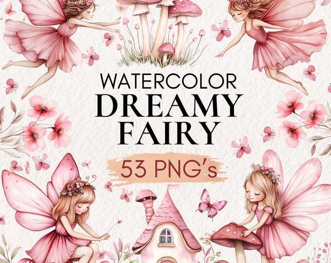 Watercolor Fairy Clipart Set, Pink Mushroom House, Garden PNG (digital ...