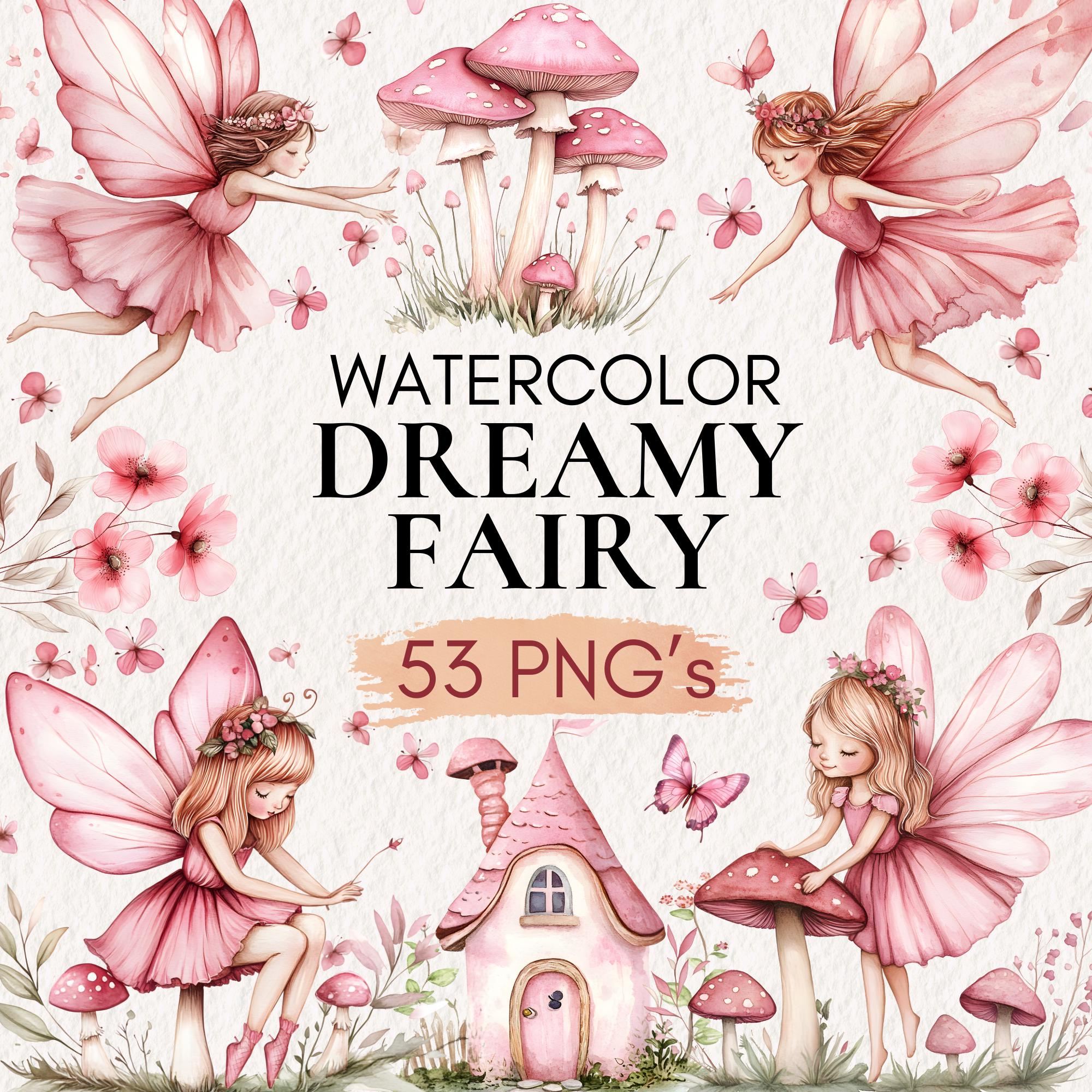 Watercolor Fairy Clipart Set, Pink Mushroom House, Garden PNG (digital ...