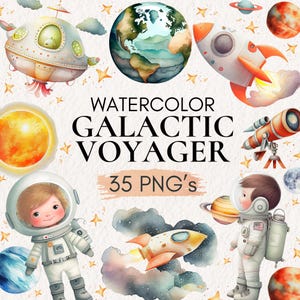 Op de afbeelding: Waterverfillustratie met ruimte-elementen. Bevat een ruimteschip, een raket, planeten, sterren en astronauten. De tekst "Watercolor Galactic Voyager" en "35 PNG's" is ook aanwezig. Het kunstwerk heeft een grillige, kleurrijke stijl.