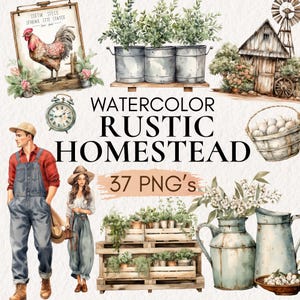 Ferme rustique aquarelle, clipart Cottagecore, clipart rustique, autocollants pour agenda, PNG vintage, aquarelle cottage, ferme aquarelle PNG