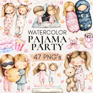 Akwarela Piżama Party Clipart, Slumber Party PNG Bundle, Elementy Piżamy, Dziewczyny w Piżamach, Poduszki, Maski, Gwiazdy, Użytek Komercyjny