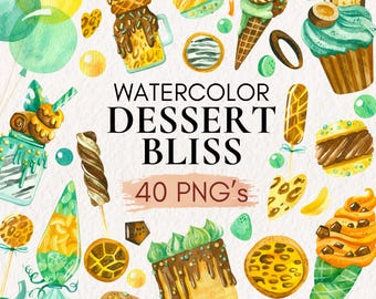 Watercolor Dessert Clipart | Cake, Candy, Cupcake PNG (Digital Download)