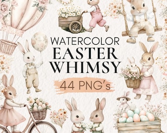 Watercolor Easter Bunny Clipart, Vintage Spring PNG (Digital Download)