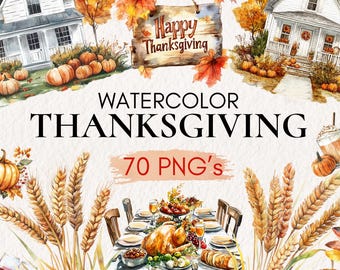 Clipart de Acción de Gracias en acuarela, Clipart de la cosecha, Clipart de pavo, Gráficos del banquete de Acción de Gracias, Imágenes del banquete de la cosecha, PNG de Acción de Gracias