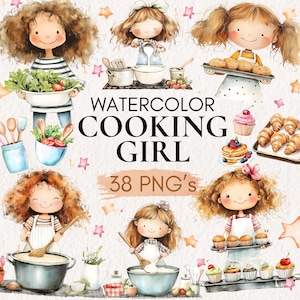 Clipart de garota cozinhando em aquarela, chef confeiteiro, clipart, clipart de confeitaria, garota padeira, garota chef, clipart de chef, padeiro fofo, ilustração de cozinha