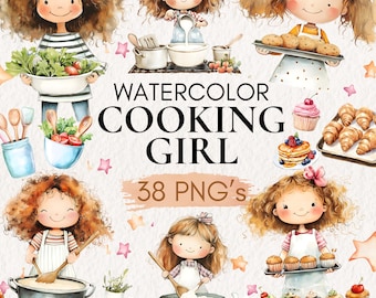 May include: Watercolor illustrations of a girl cooking. The illustrations include a girl stirring a bowl of batter, a girl holding a plate of cookies, a girl holding a plate of cupcakes, a girl holding a plate of pancakes, and a girl holding a bowl of salad. The text "Watercolor Cooking Girl 38 PNG's" is also included in the image.