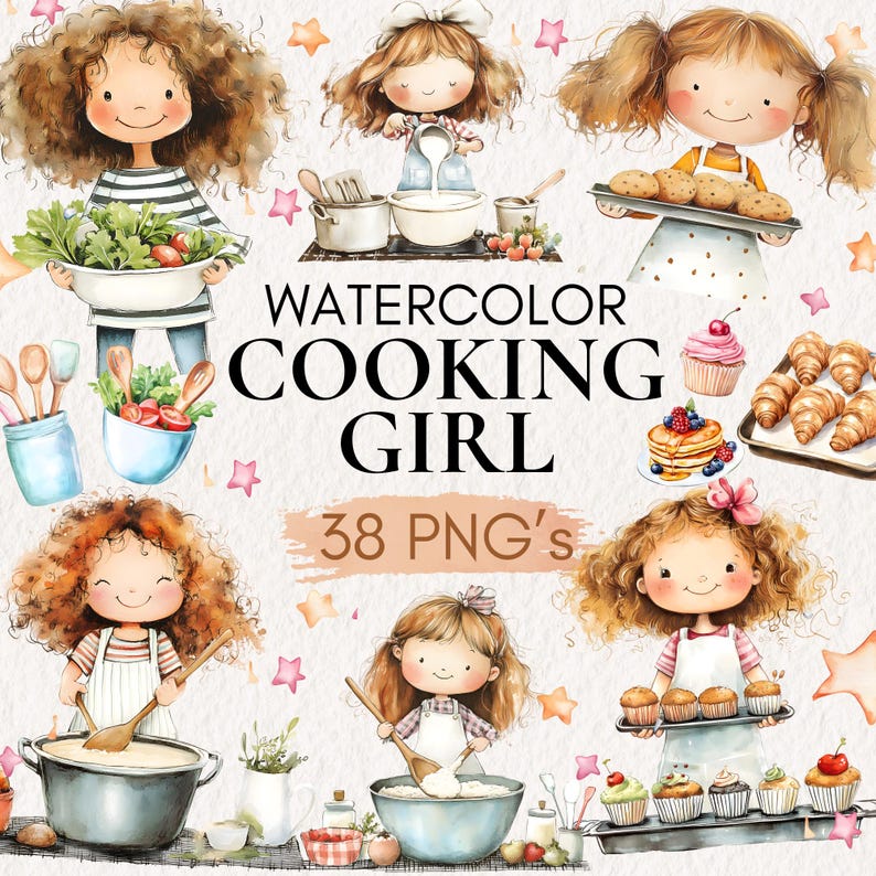 Pu&ograve; includere: Illustrazioni ad acquerello di una ragazza che cucina. Le illustrazioni includono una ragazza che mescola una ciotola di pastella, una ragazza che tiene un piatto di biscotti, una ragazza che tiene un piatto di cupcake, una ragazza che tiene un piatto di pancake e una ragazza che tiene una ciotola di insalata. Il testo "Watercolor Cooking Girl 38 PNG's" &egrave; incluso anche nell'immagine.