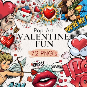 Pop-art Valentijn leuke clipart, retro liefdesgraphics, komische stijl Valentijnsdag png, aquarel pop-art valentijn, pop-art png, kaarten maken