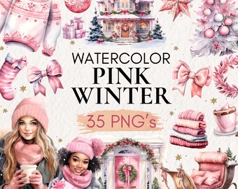 Watercolor Pink Winter Clipart Bundle | Cozy Christmas Girl, Hot Cocoa Gifts House Tree PNG | Soft Pastel Holiday Art Set, Christmas Clipart